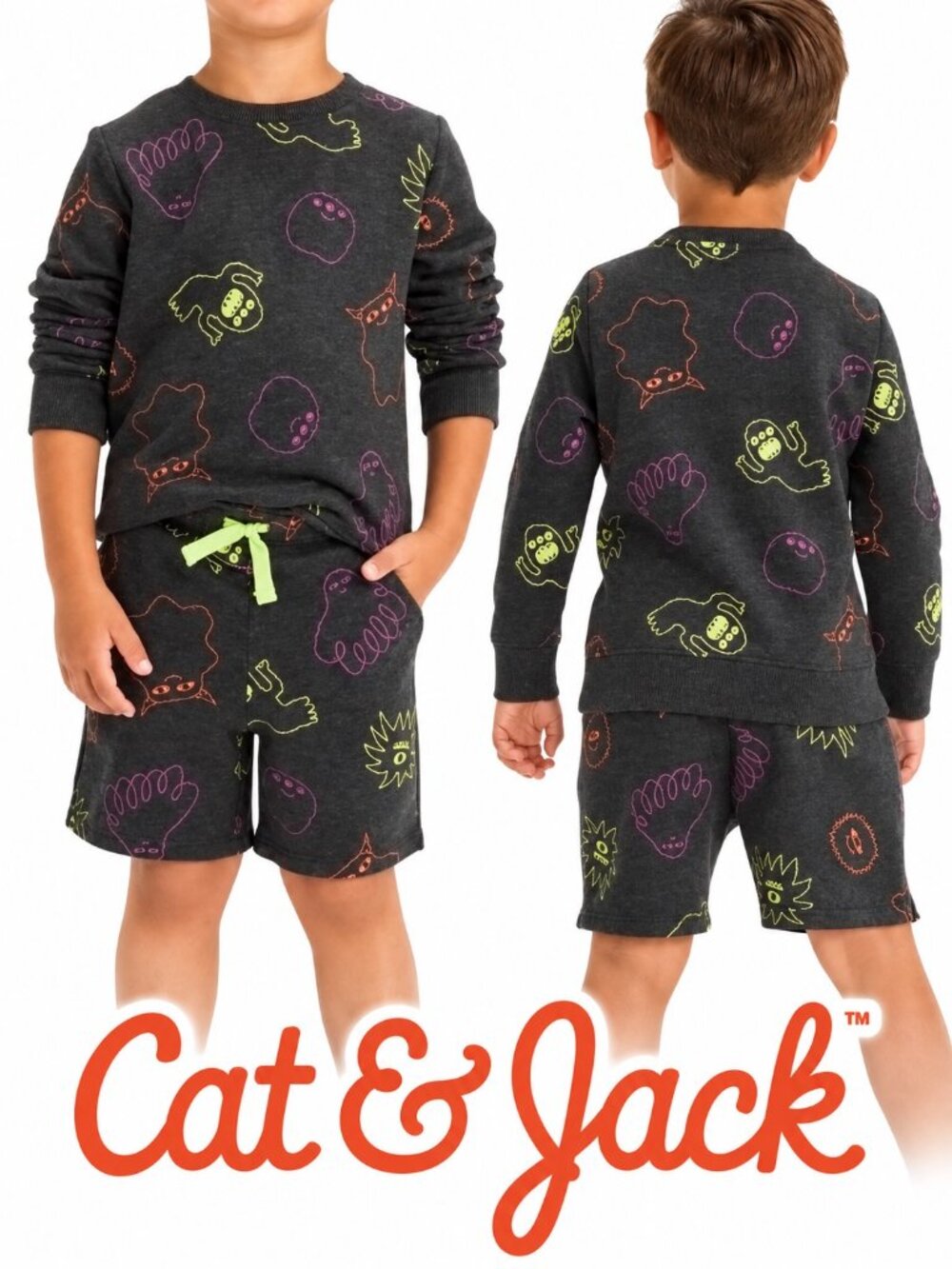 Cat & Jack Monster Print Crew Neck Sweatshirt & Shorts Set Toddler Size 18M